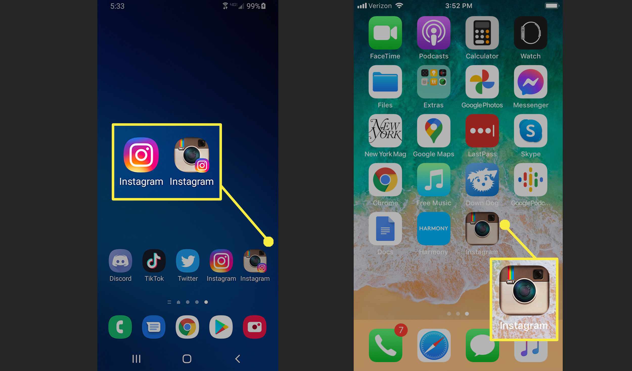 Domovské obrazovky Android a iPhone s návratovou ikonou aplikace Instagram.
