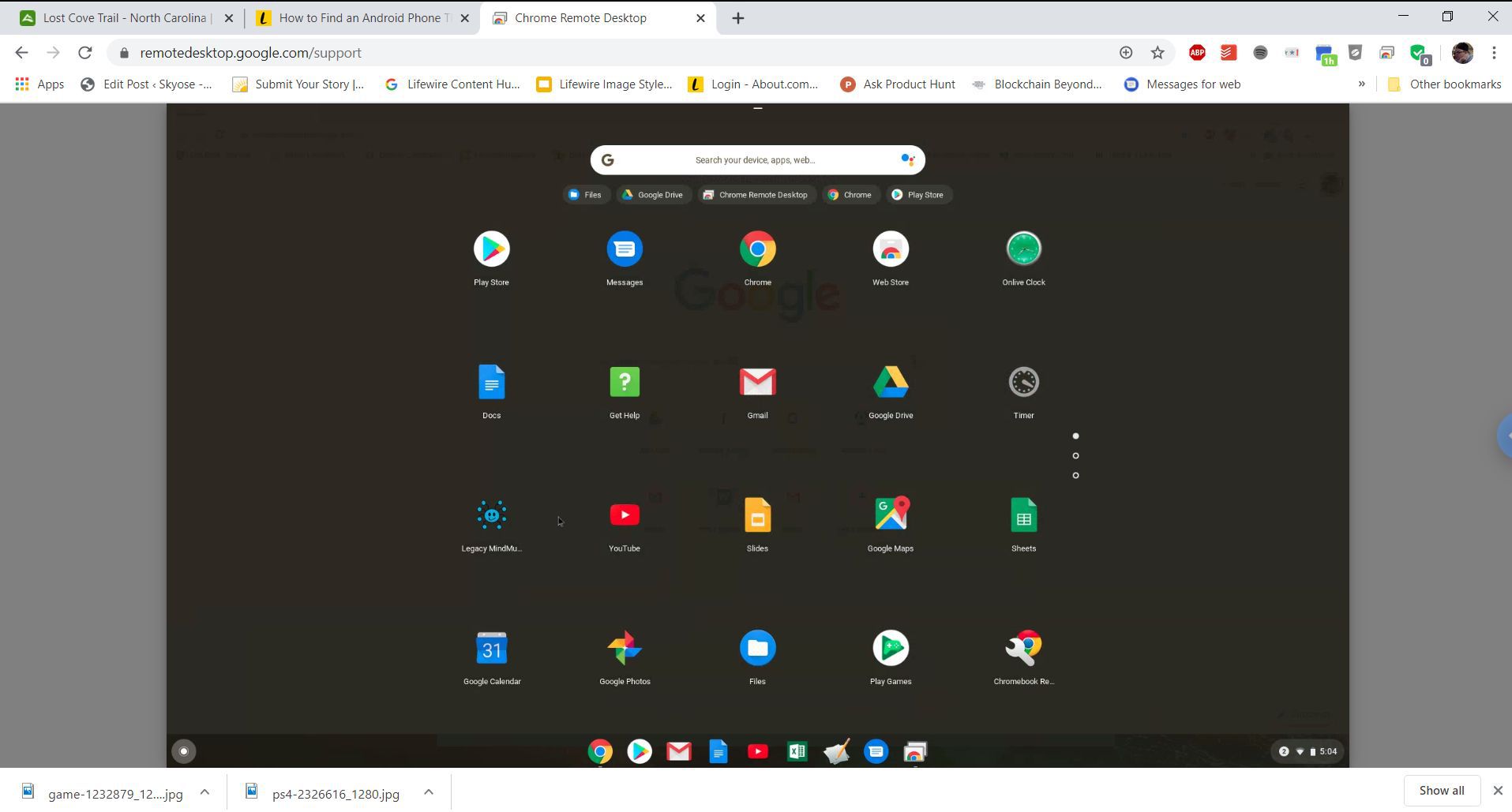 Screenshot vzdáleného přístupu k Chromebooku