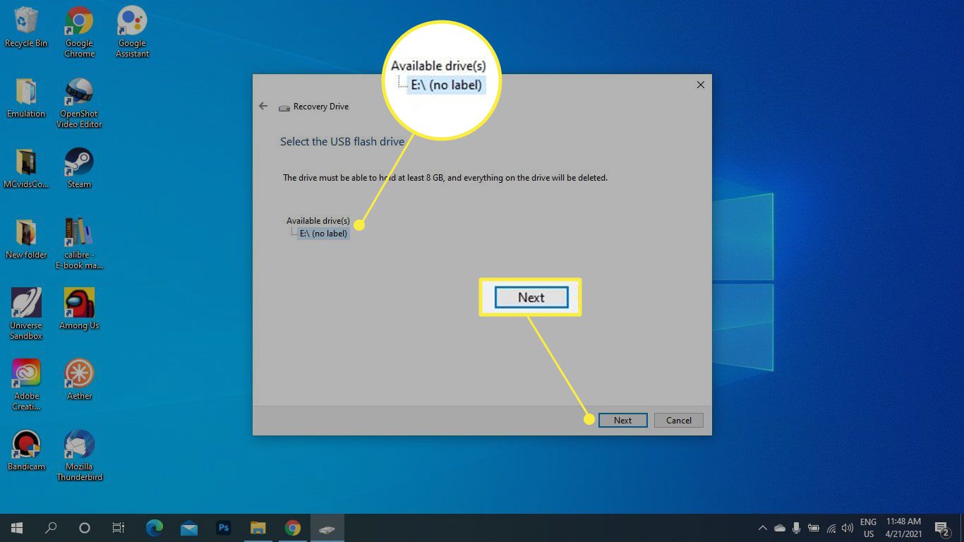 Jednotka USB a Další zvýrazněna v Jednotce pro obnovení systému Windows