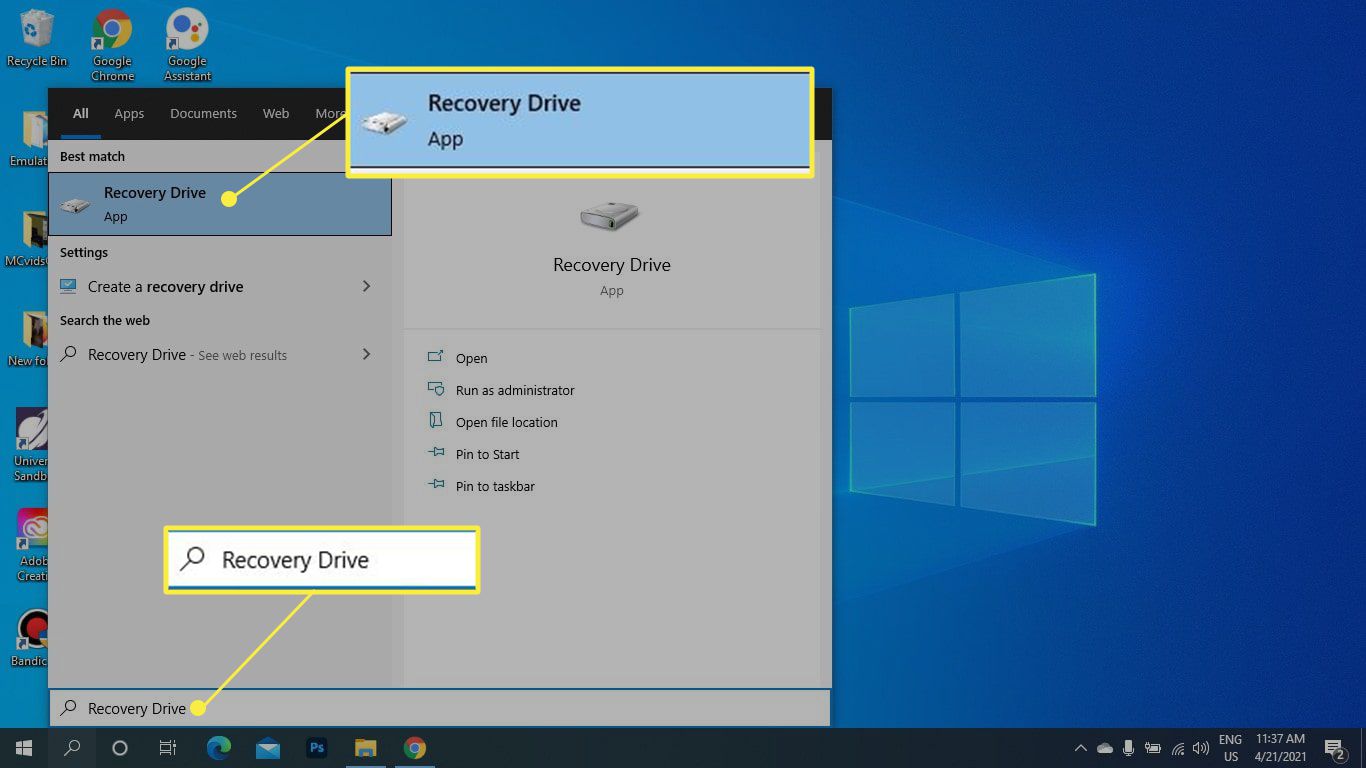 Při vyhledávání Windows zvýrazněna aplikace Recovery Drive