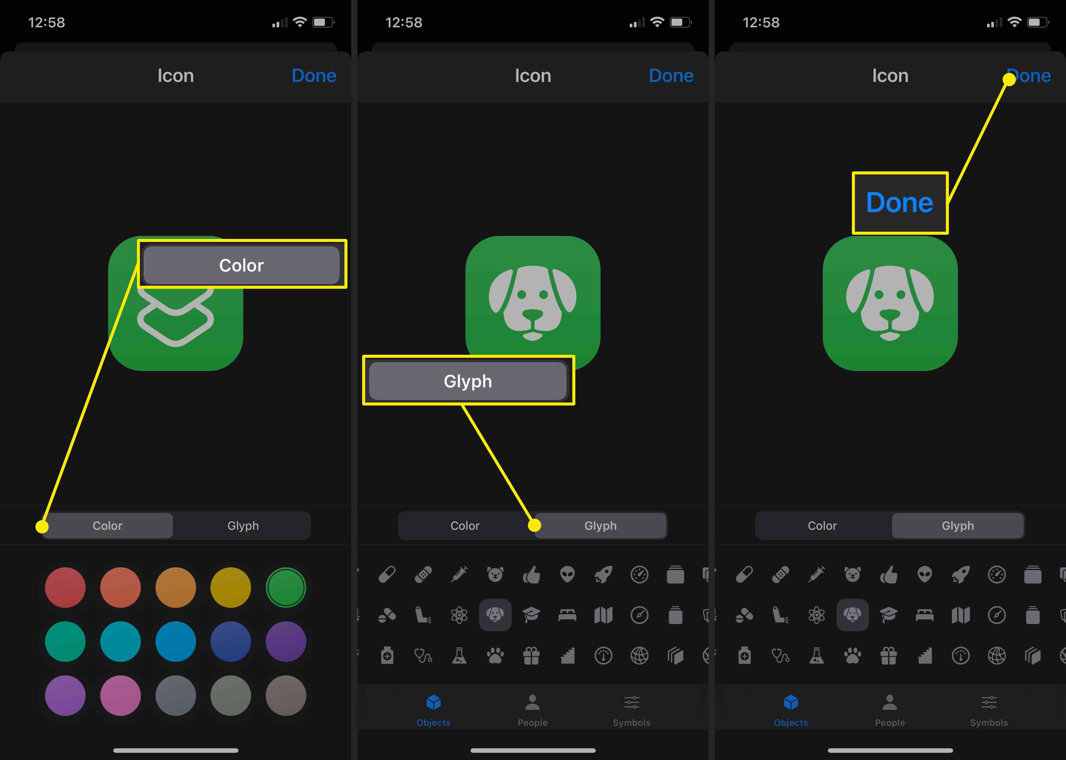 Screenshoty výběru barvy a glyfu pro ikonu zástupce v iOS 14.