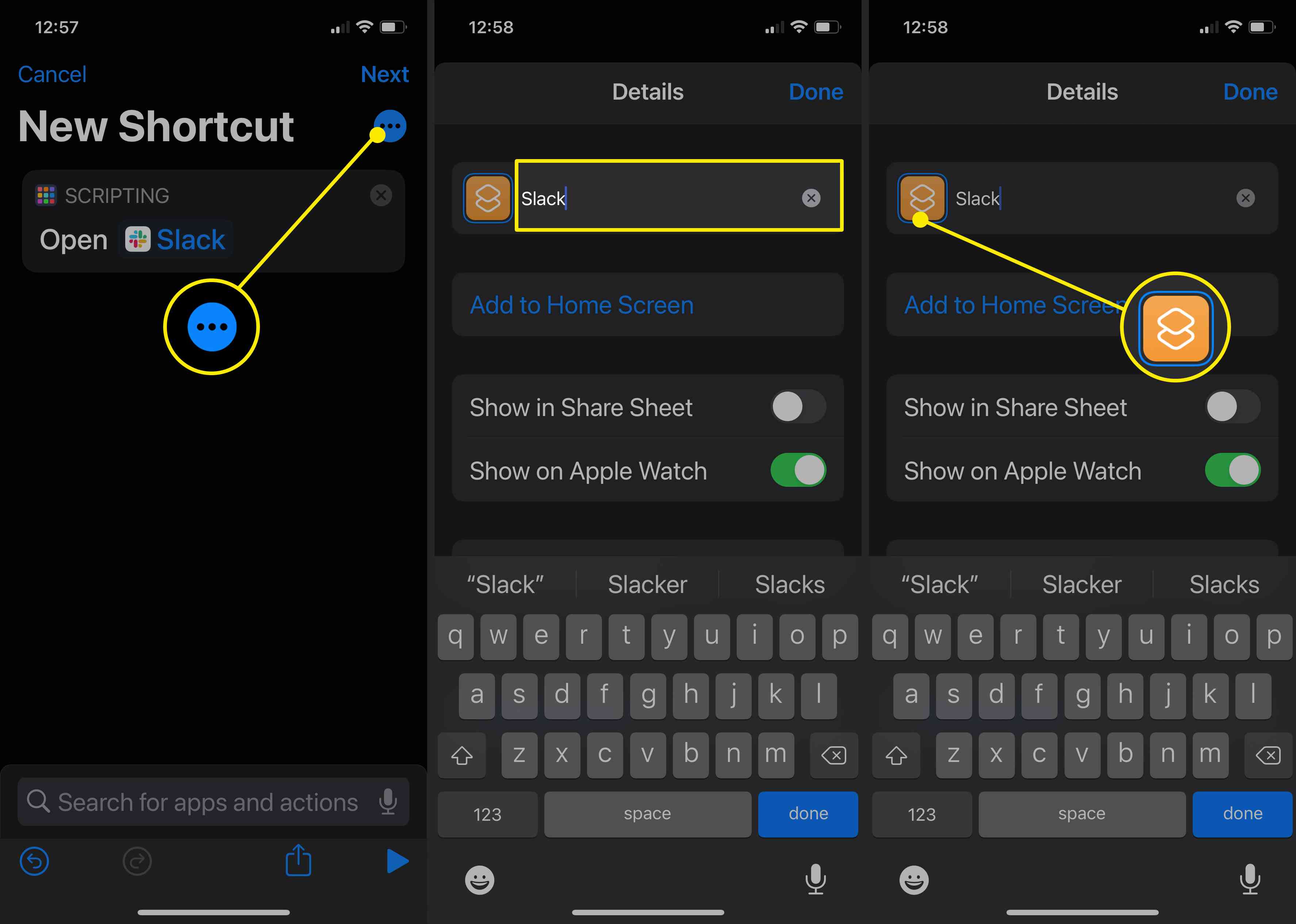 Screenshoty ukazující, jak přizpůsobit ikonu aplikace v aplikaci Zkratky pro iOS 14.