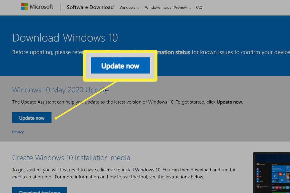 Screenshot stránky Microsoft Download Windows 10.