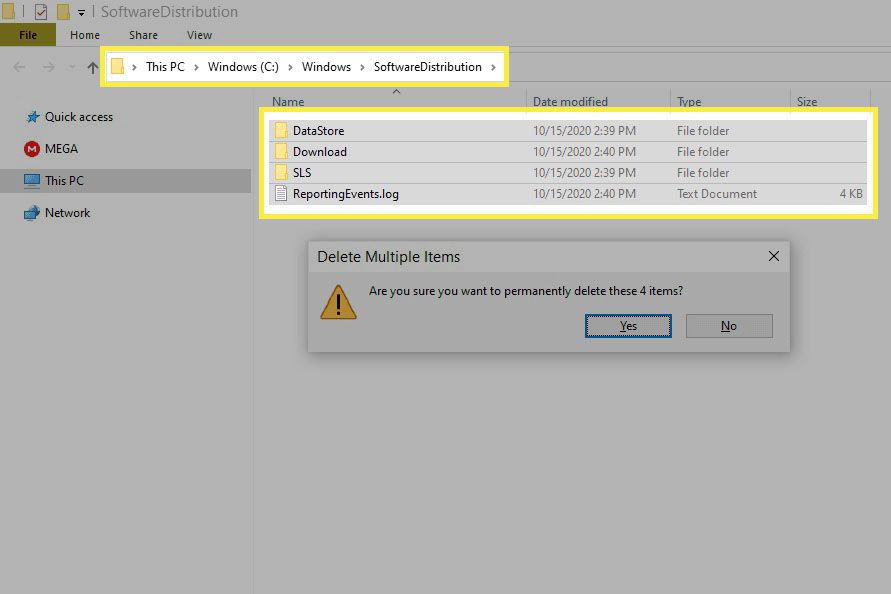 Screenshot obrazovky s potvrzením odstranění ve složce SoftwareDistribution ve Windows 10.