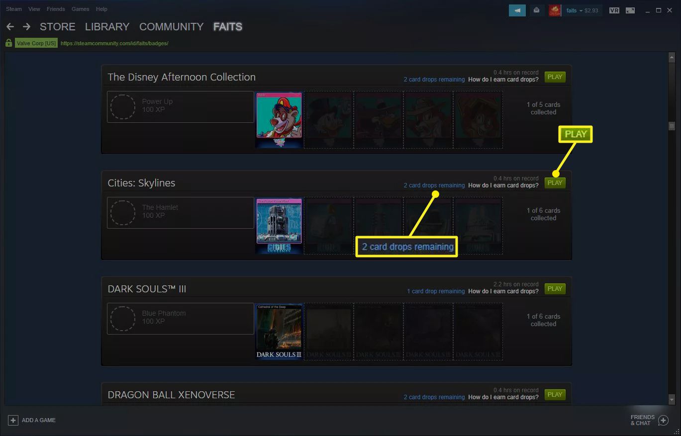 Obrazovka Steam Badget zobrazující hry s dostupnými odznaky