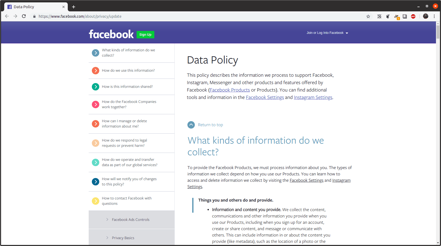 Webová stránka datové politiky Facebooku