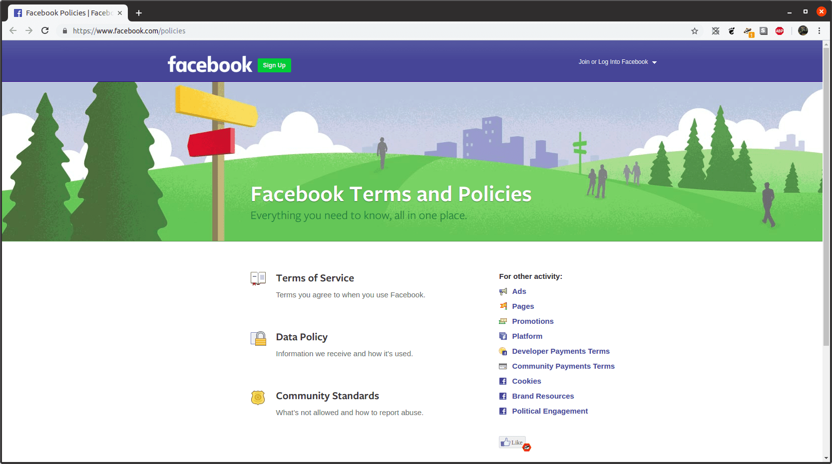 Webová stránka Podmínky a zásady Facebooku