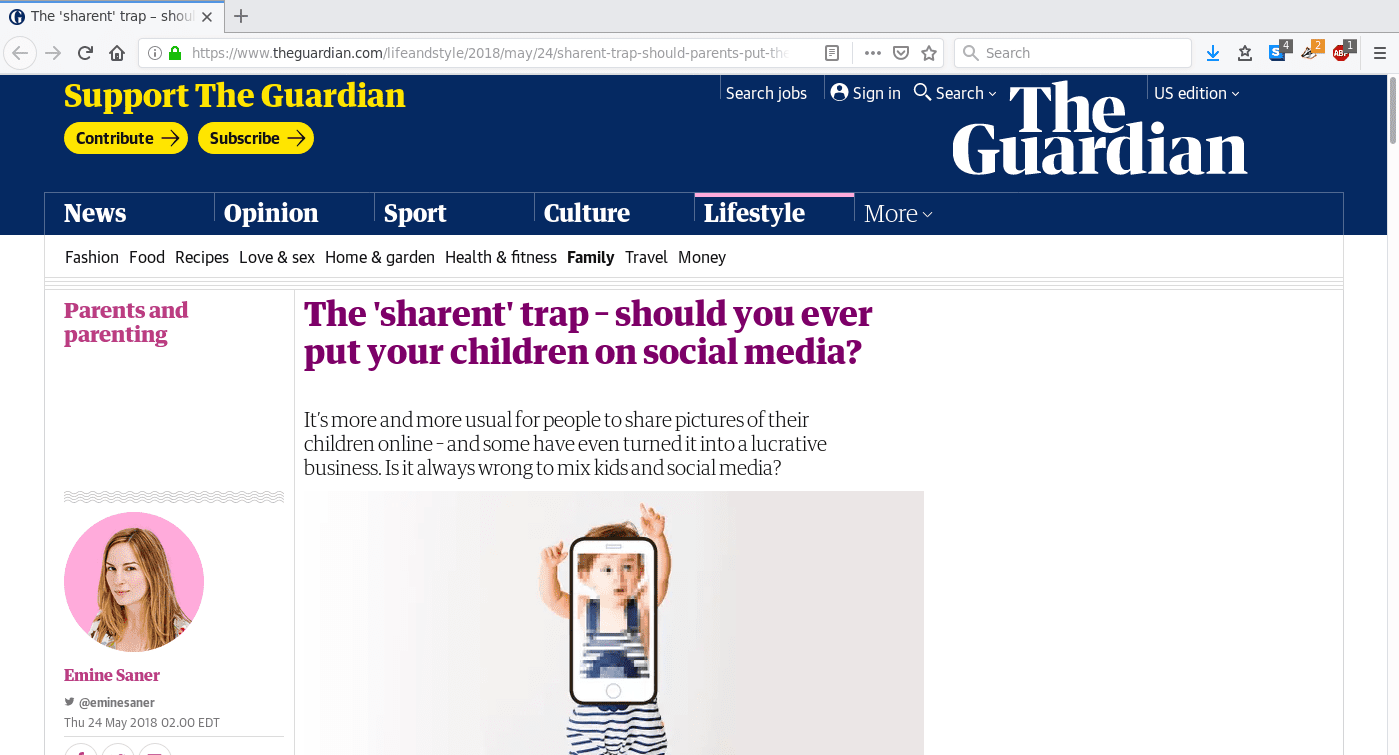 Článek na theguardian.com o etice zveřejňování fotografií dítěte na sociálních médiích.