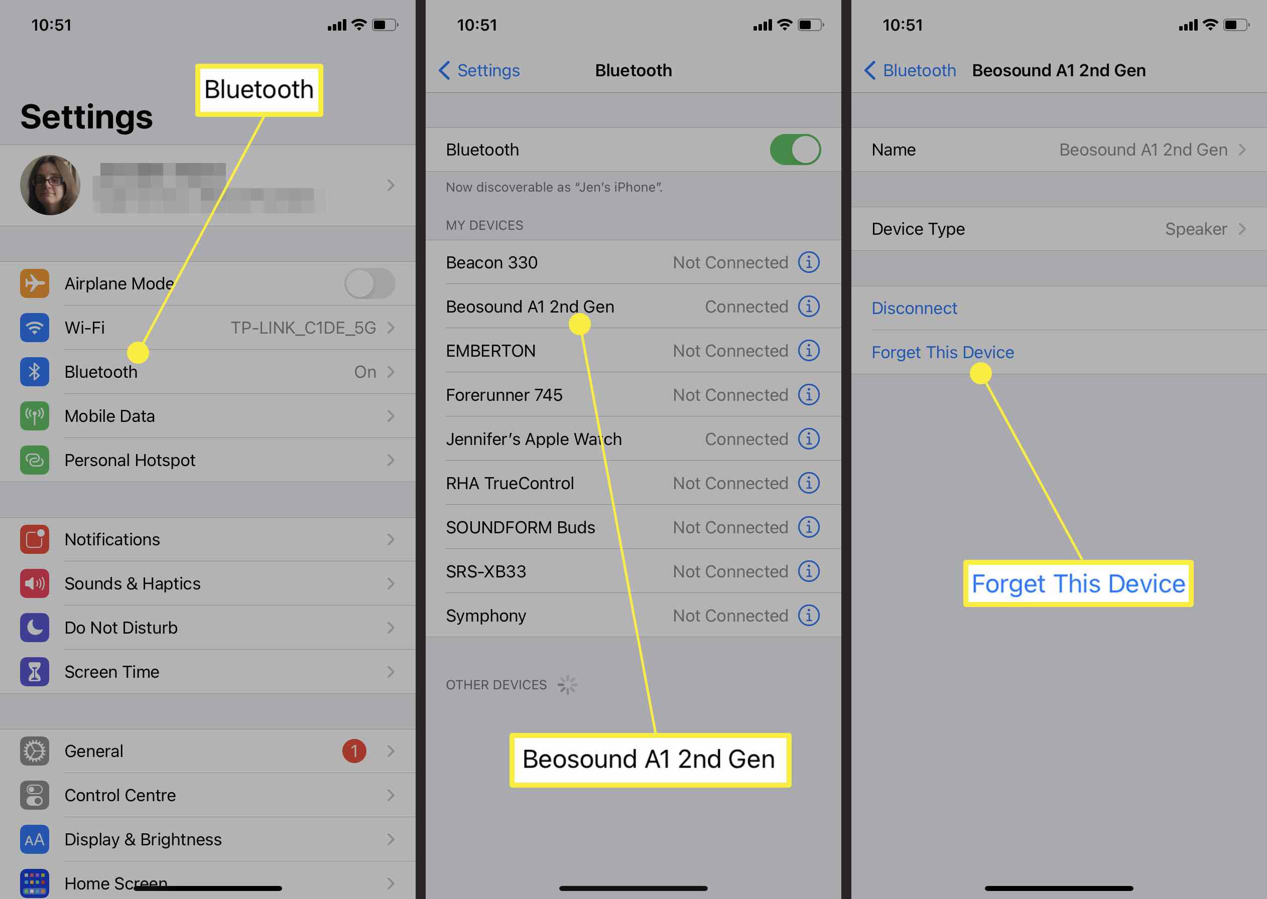 Kroky potřebné k zapomenutí zařízení Bluetooth v systému iOS