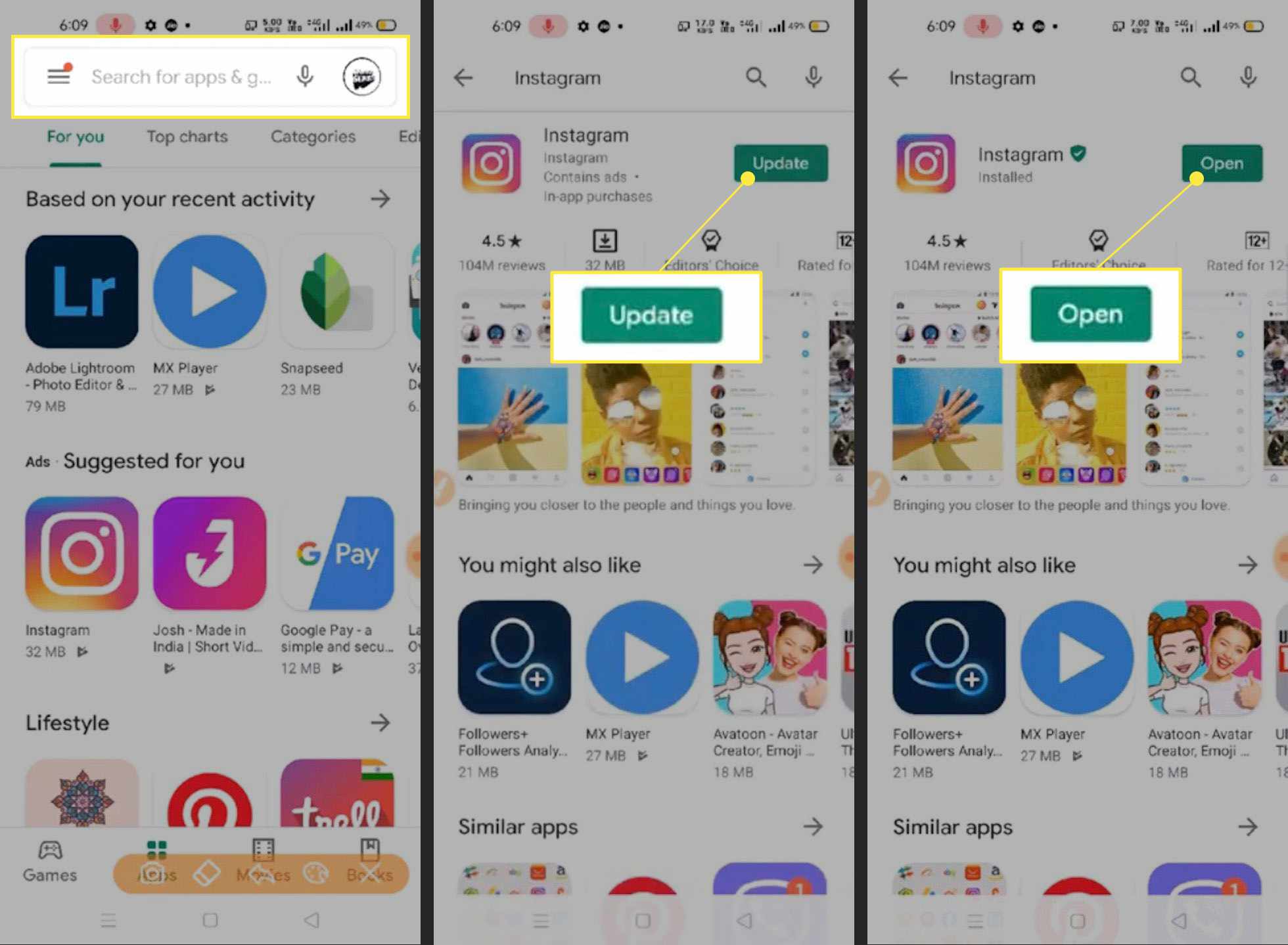 Kroky k aktualizaci aplikace Instagram v systému Android se zvýrazněným vyhledávacím polem „Aktualizovat“ a „Otevřít“