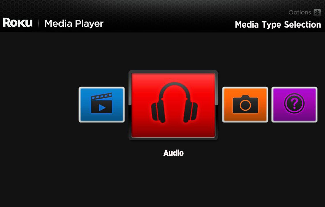 Obrazovka výběru typu média Roku Media Player