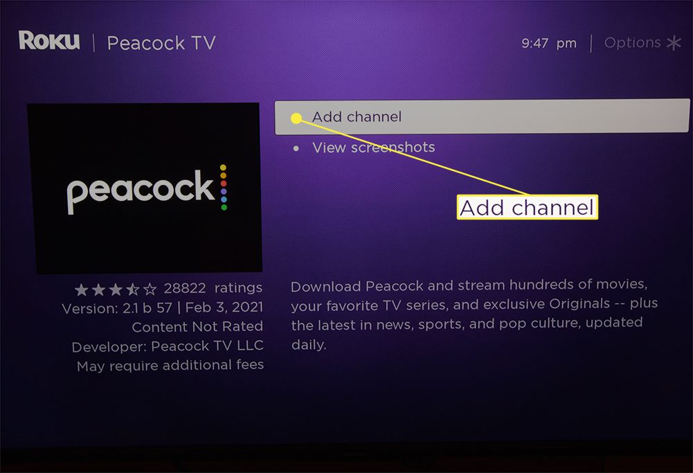 Přidejte možnost kanálu zvýrazněnou z aplikace Peacock na Roku TV