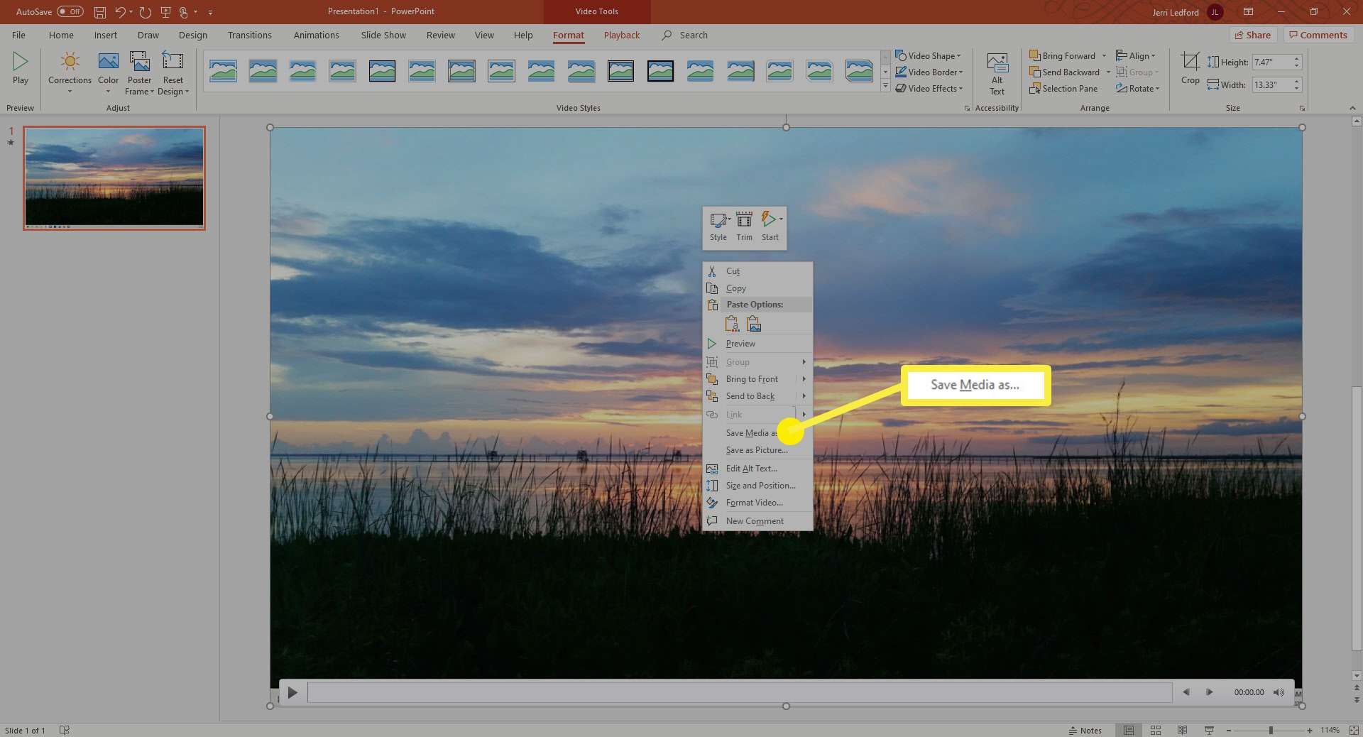Nabídka pravého tlačítka na obrazovce nahrávání v aplikaci PowerPoint v systému Windows 10.