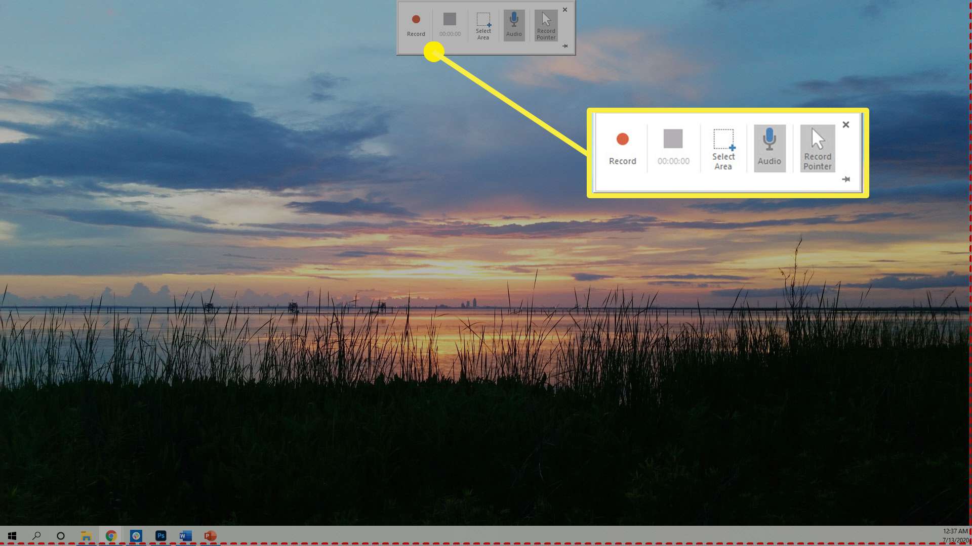 Možnosti nahrávání při nahrávání obrazovky z aplikace PowerPoint ve Windows 10.