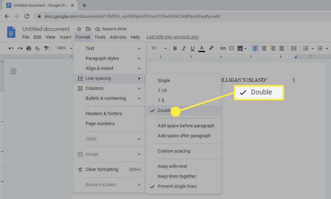 Možnost Double Spacing v Dokumentech Google.