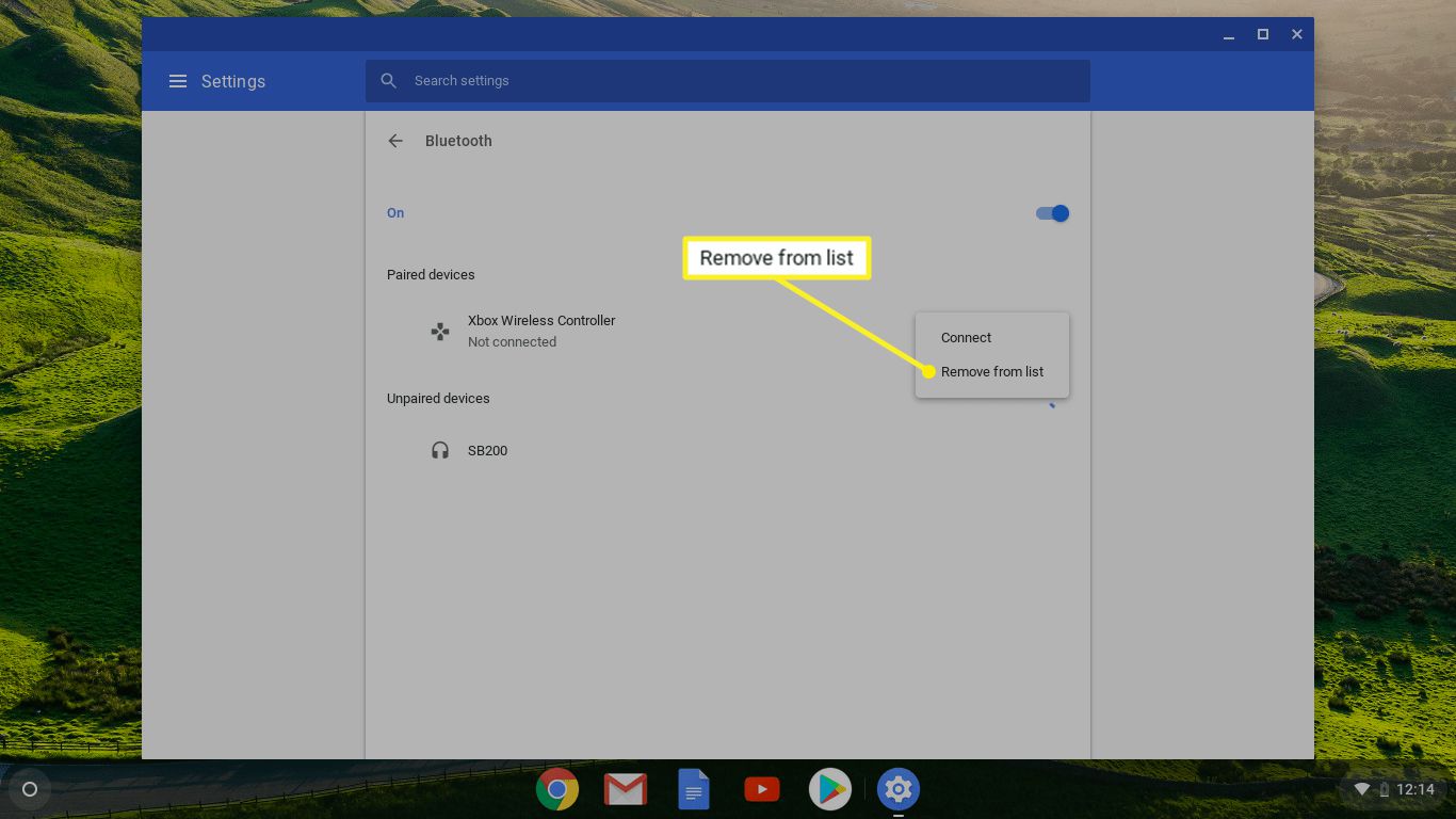 Nabídka nastavení Bluetooth v systému Chrome OS.