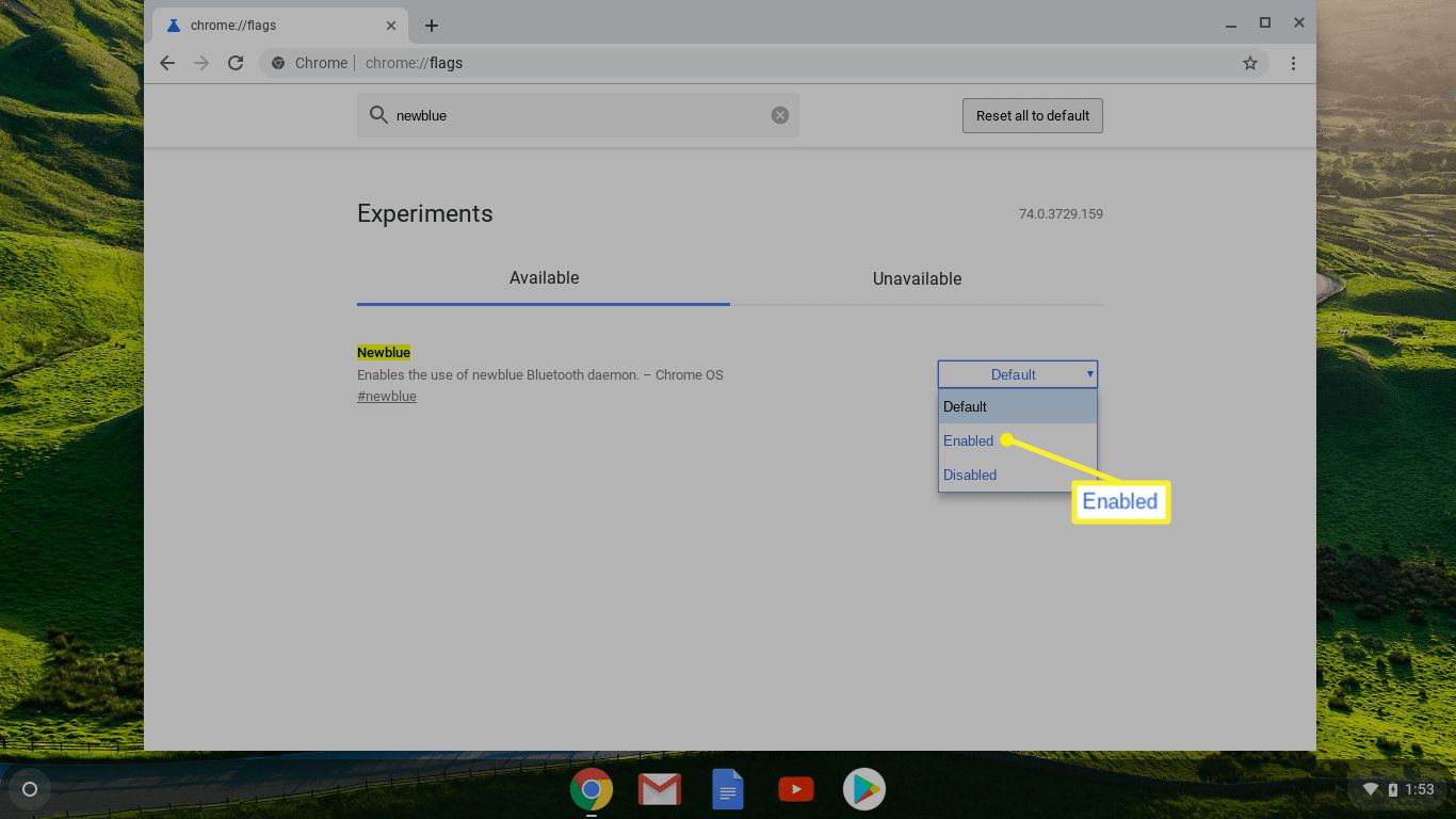 Newblue v systému Chrome OS se zvýrazněným Enabled