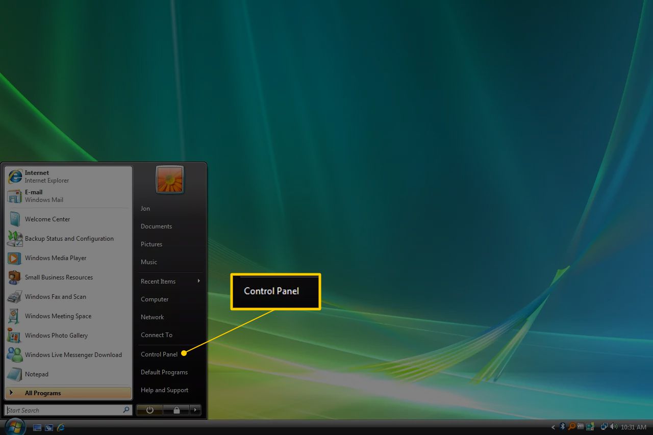 Ovládací panely v nabídce Start systému Windows Vista