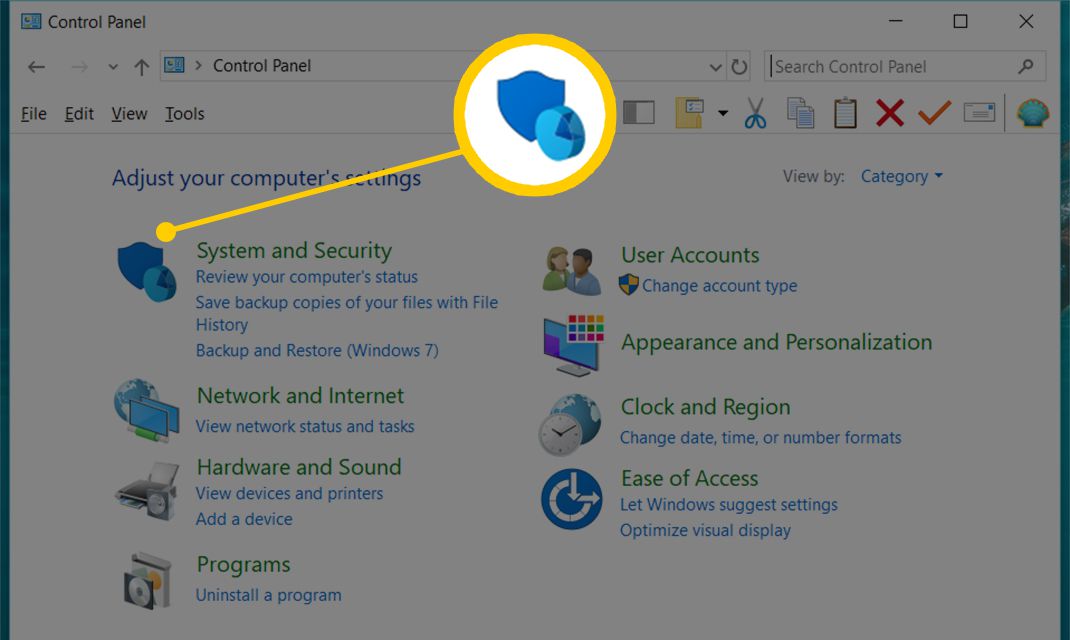 Screenshot tlačítka Systém a zabezpečení v Ovládacích panelech systému Windows 10