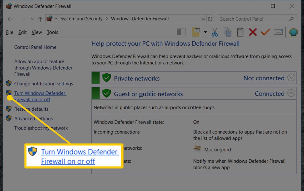 Zvýraznění snímku obrazovky Zapnutí nebo vypnutí tlačítka Windows Defender Firewall v systému Windows 10