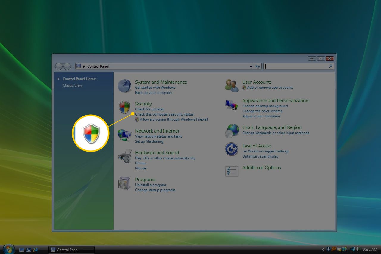 Ikona zabezpečení v ovládacím panelu systému Windows Vista