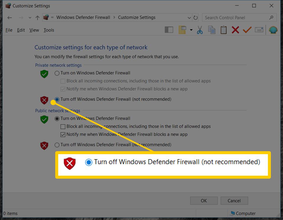 Screenshot z možnosti Vypnout bránu Windows Defender Firewall (nedoporučuje se) v nastavení pro Windows 10