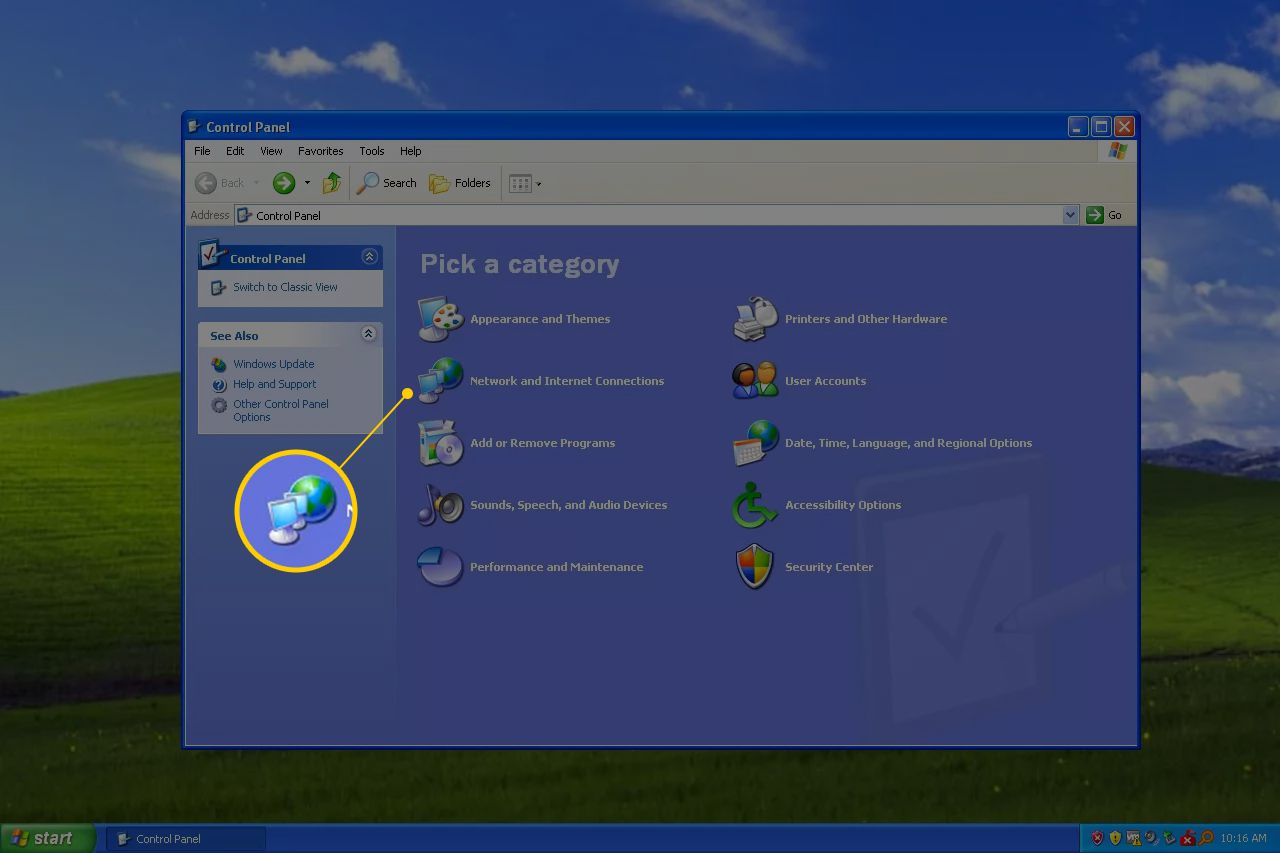Síťová a internetová připojení v Ovládacích panelech systému Windows XP