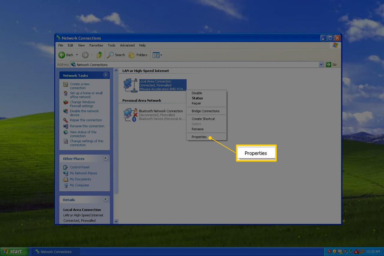 Položka nabídky Vlastnosti sítě Windows XP