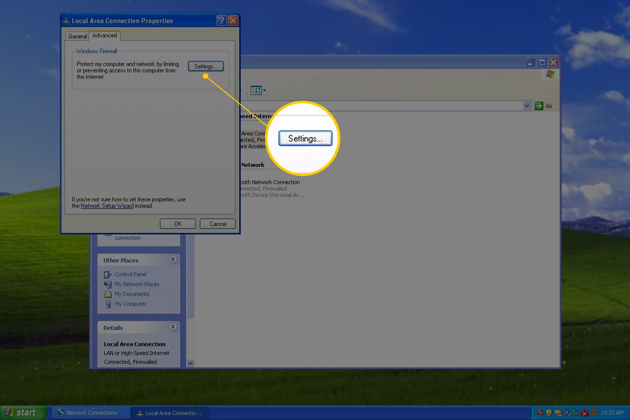 Tlačítko Nastavení na kartě Upřesnit v části Vlastnosti sítě v systému Windows XP