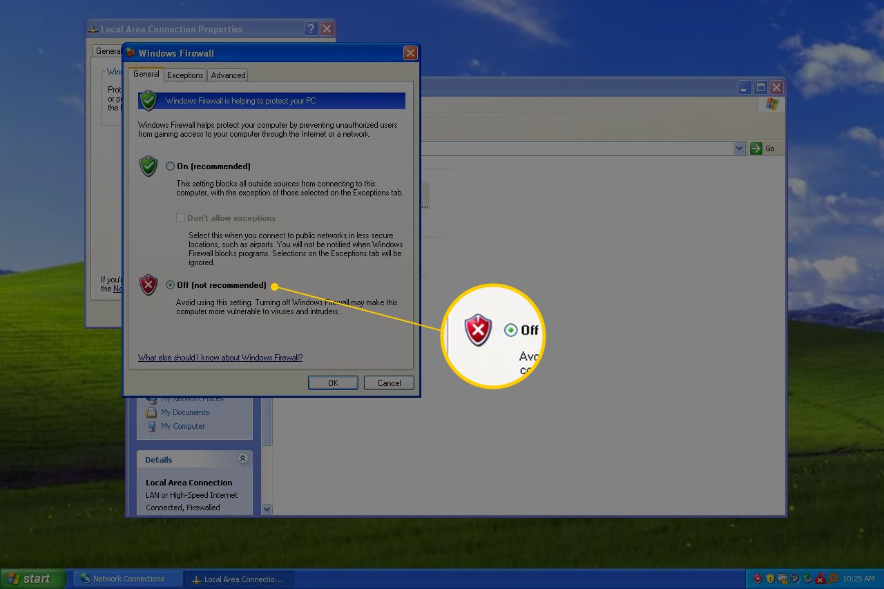 Brána Windows Firewall vypnuta (nedoporučuje se) v systému Windows XP