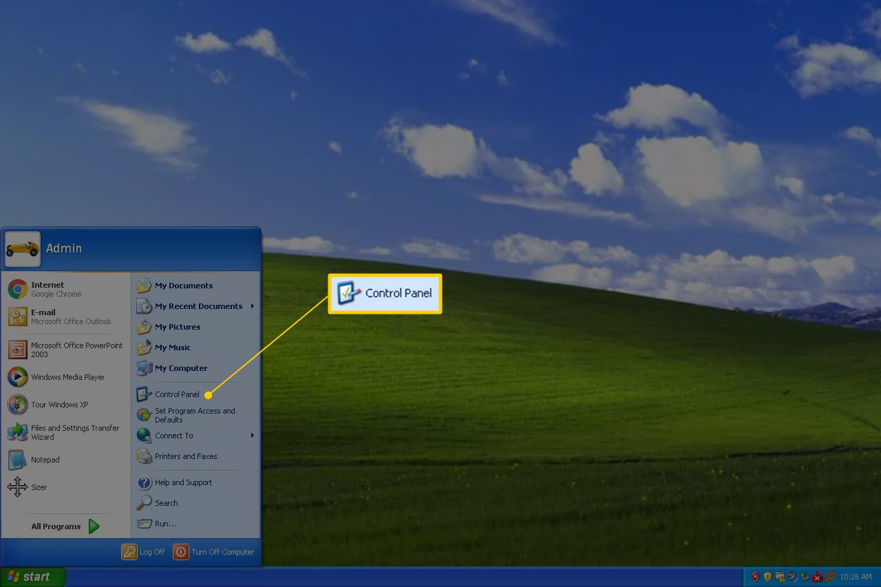 Ikona ovládacího panelu v nabídce Start systému Windows XP