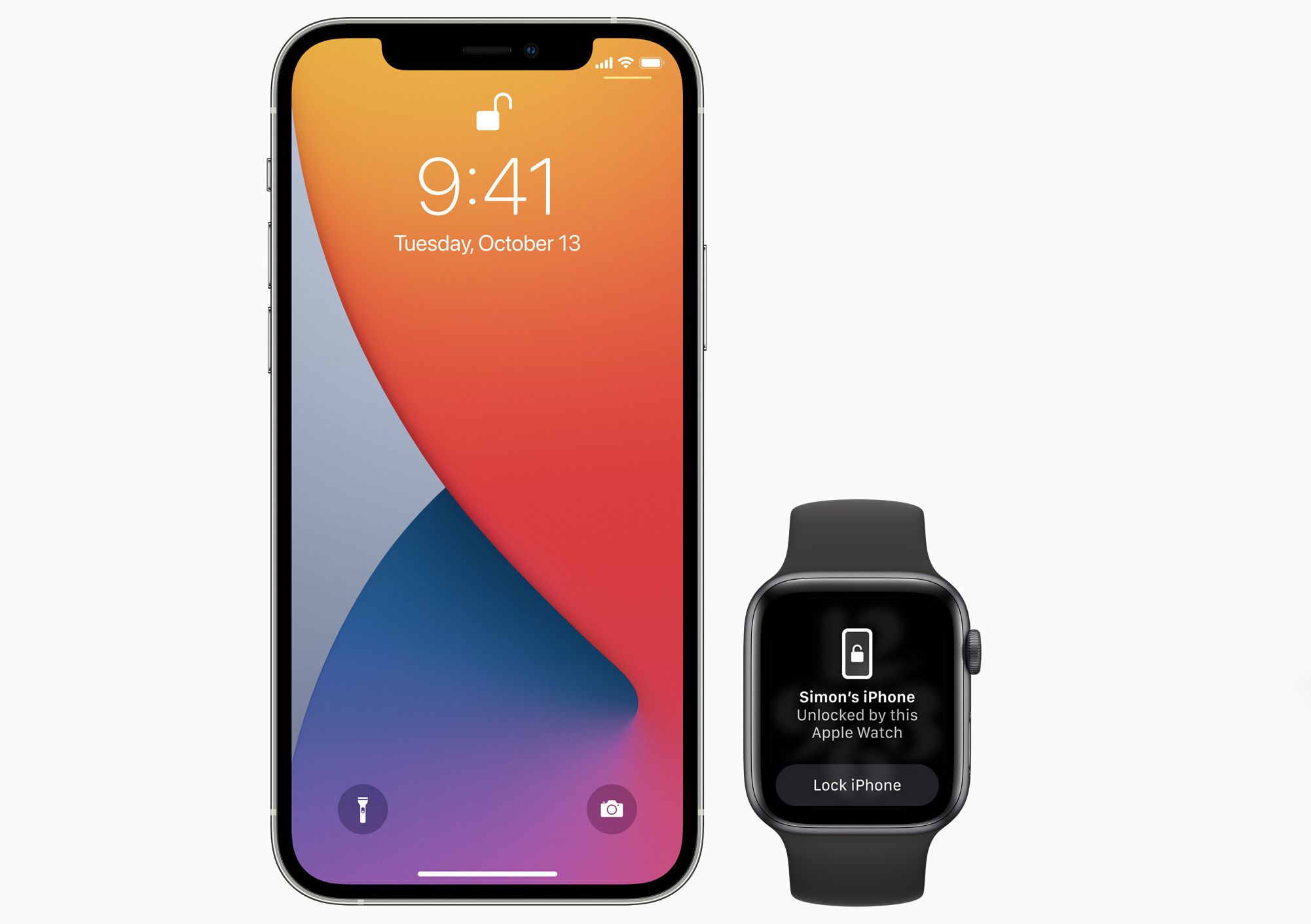 IPhone a Apple Watch předvádějící funkci odemknutí pomocí hodinek sloužící k odemknutí iPhone při nošení masky.