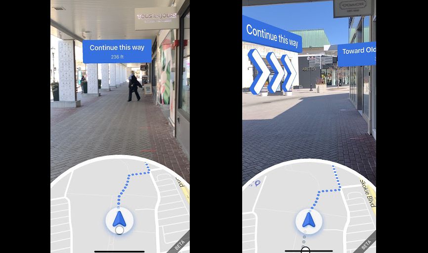 Screenshoty z aplikace Mapy Google ukazující vnitřní směry.