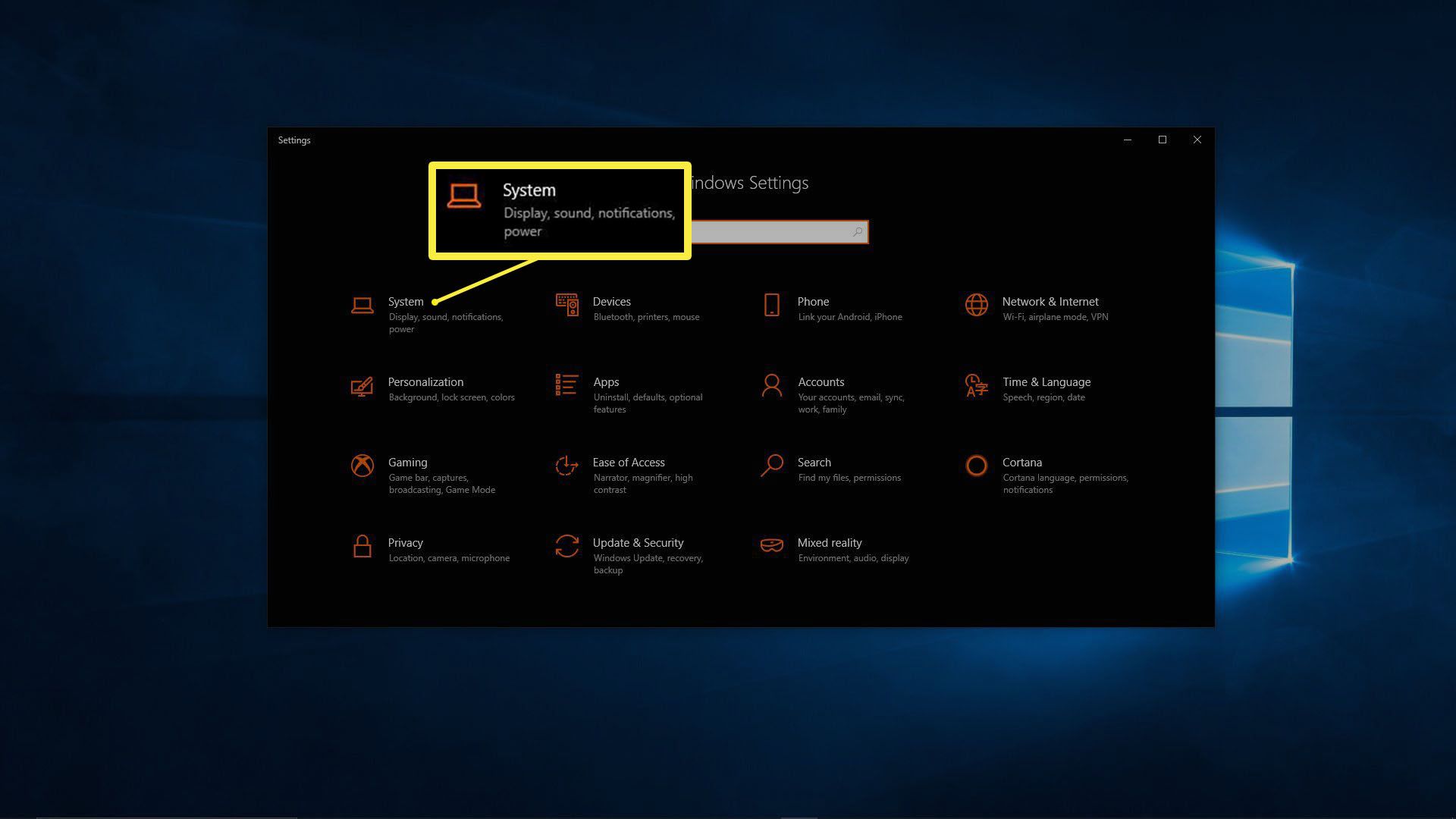 Snímek obrazovky nabídky Nastavení systému Windows 10.
