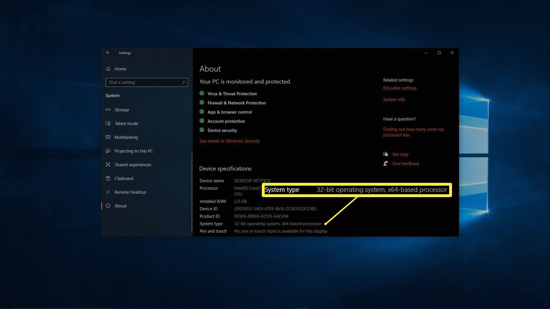 Screenshot obrazovky About v systému Windows 10.