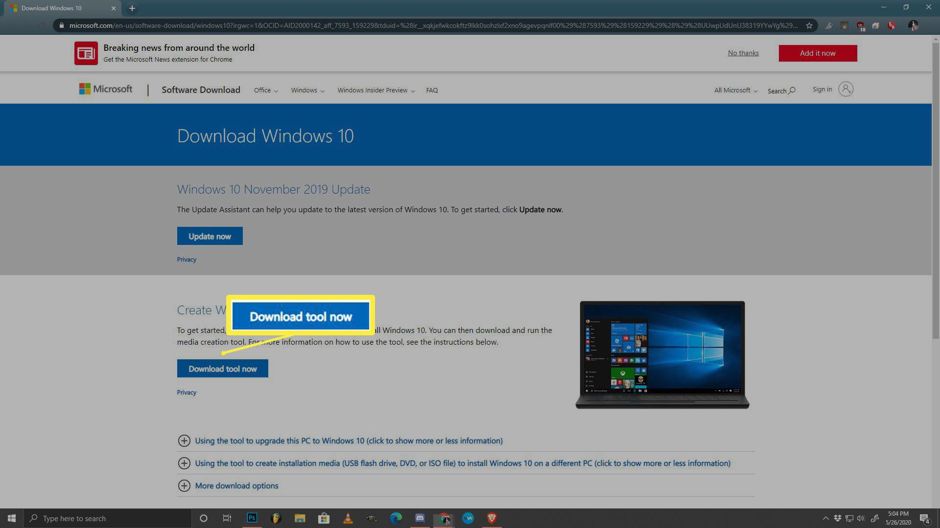 Snímek obrazovky s webem pro stahování Windows 10.