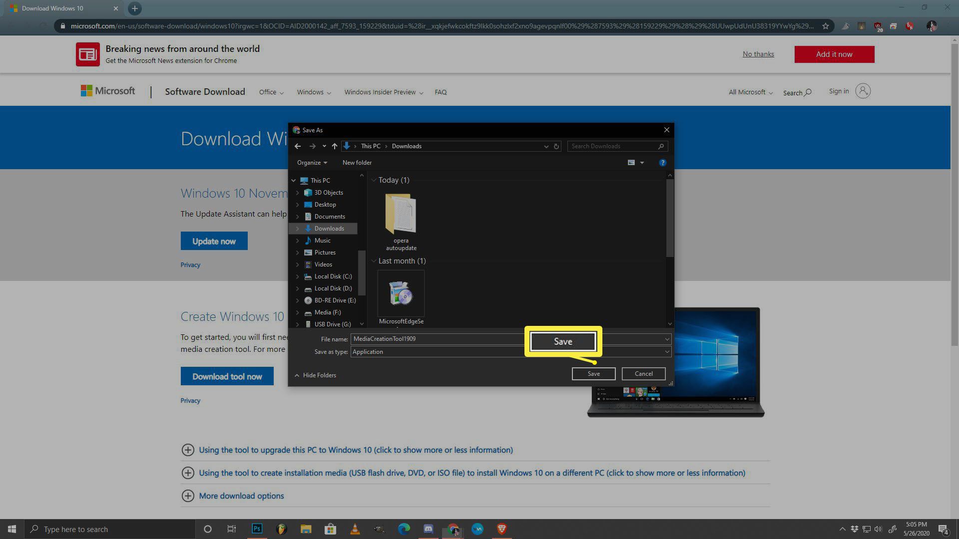 Snímek obrazovky se stažením souboru ve Windows 10.