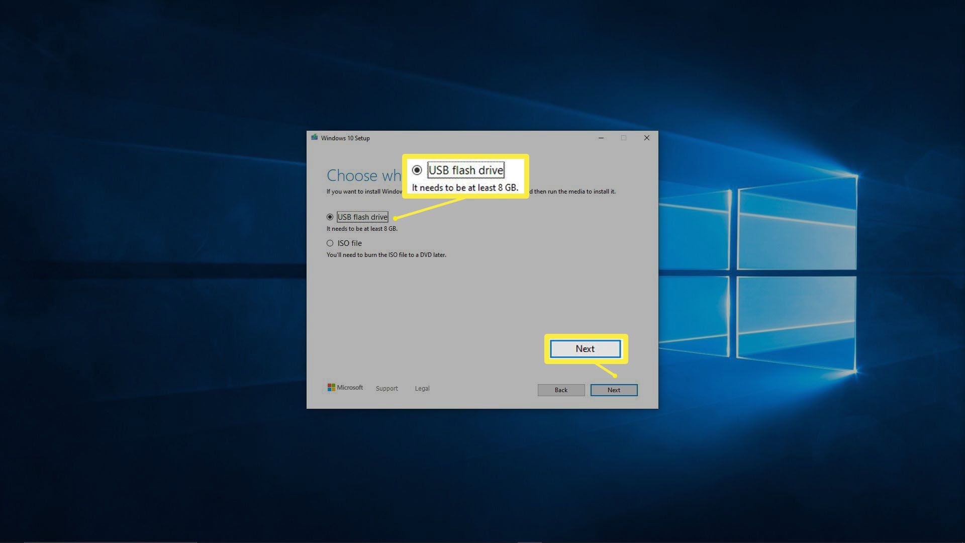 Snímek obrazovky Windows 10 Media Creation Tool.