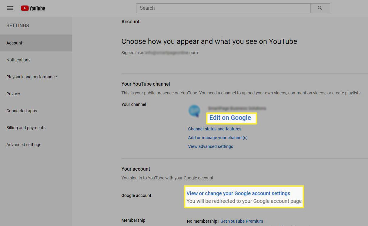 Stránka nastavení YouTube na webu - upravte profil na Googlu