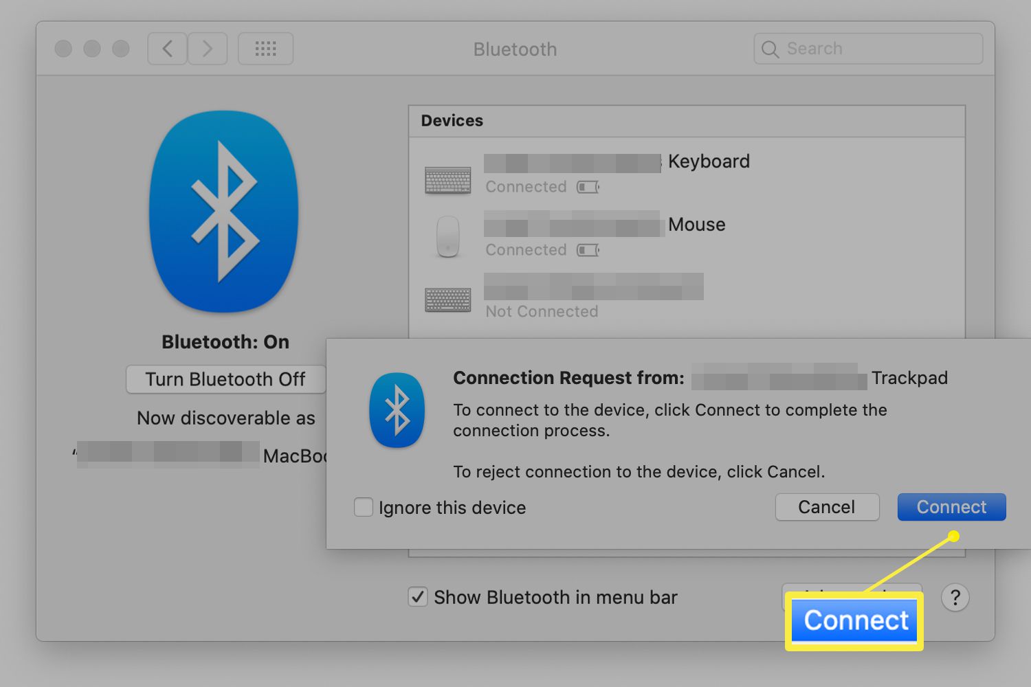 Žádost o připojení Bluetooth