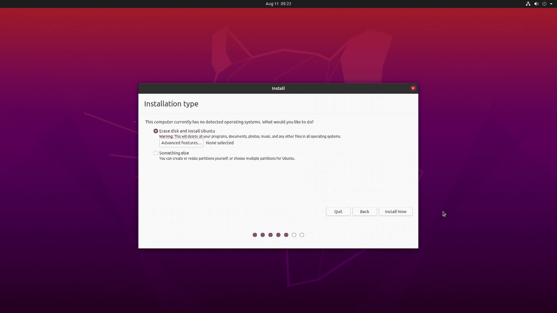 Screenshot instalace Ubuntu bez Windows.