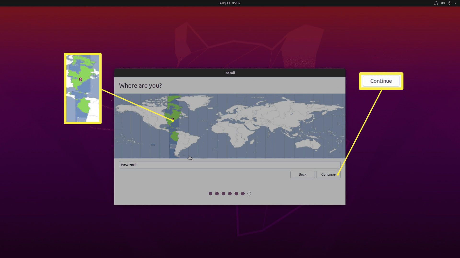 Snímek obrazovky s výběrem časového pásma v Ubuntu.