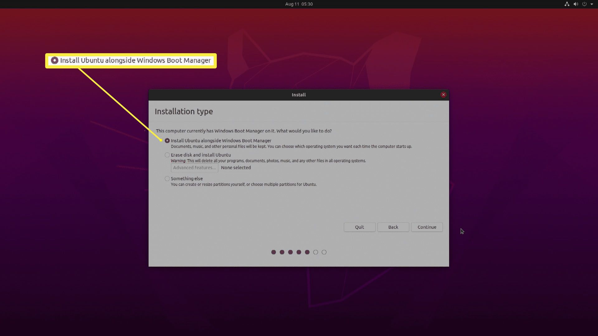 Screenshot typů instalace Ubuntu.