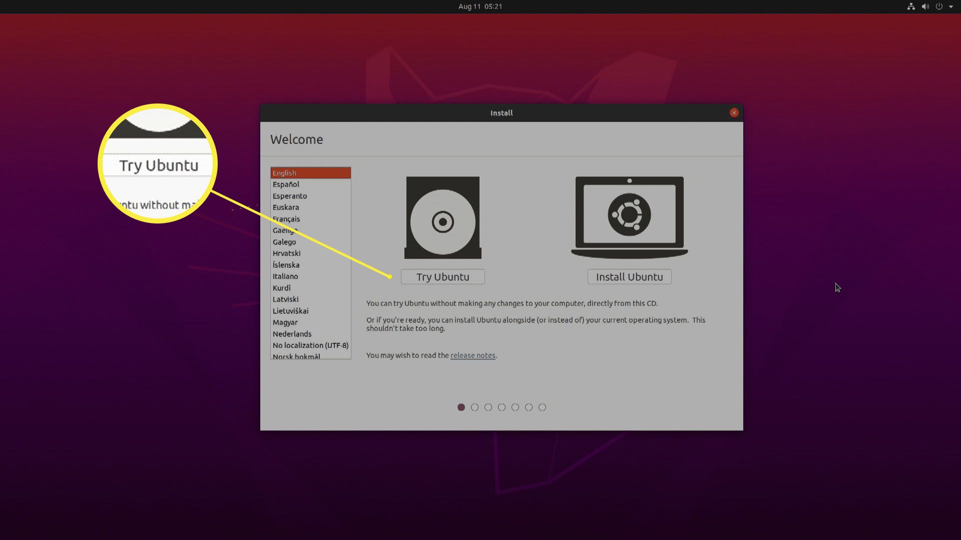 Screenshot okna instalace Ubuntu.