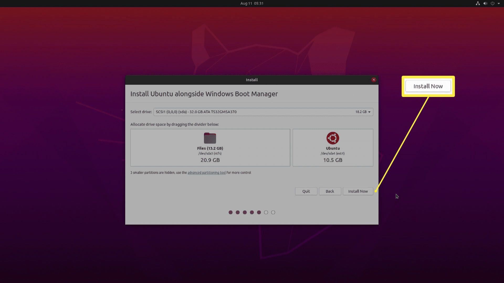 Snímek obrazovky s přidělením místa na disku Ubuntu.