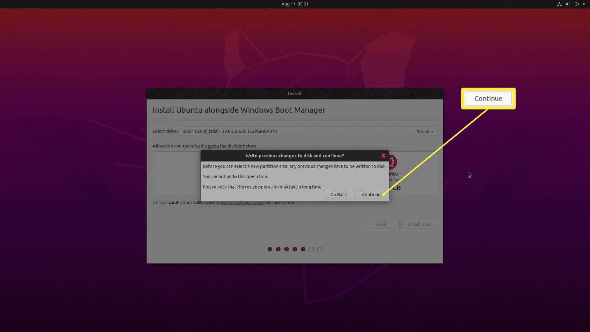 Screenshot instalace Ubuntu.