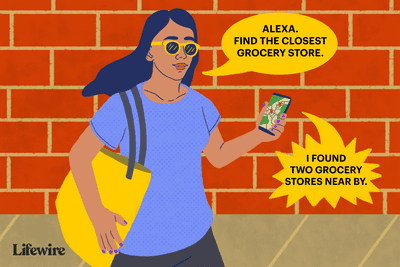 Ilustrace osoby, která žádá Alexu (na svém telefonu), aby našla nejbližší obchod s potravinami
