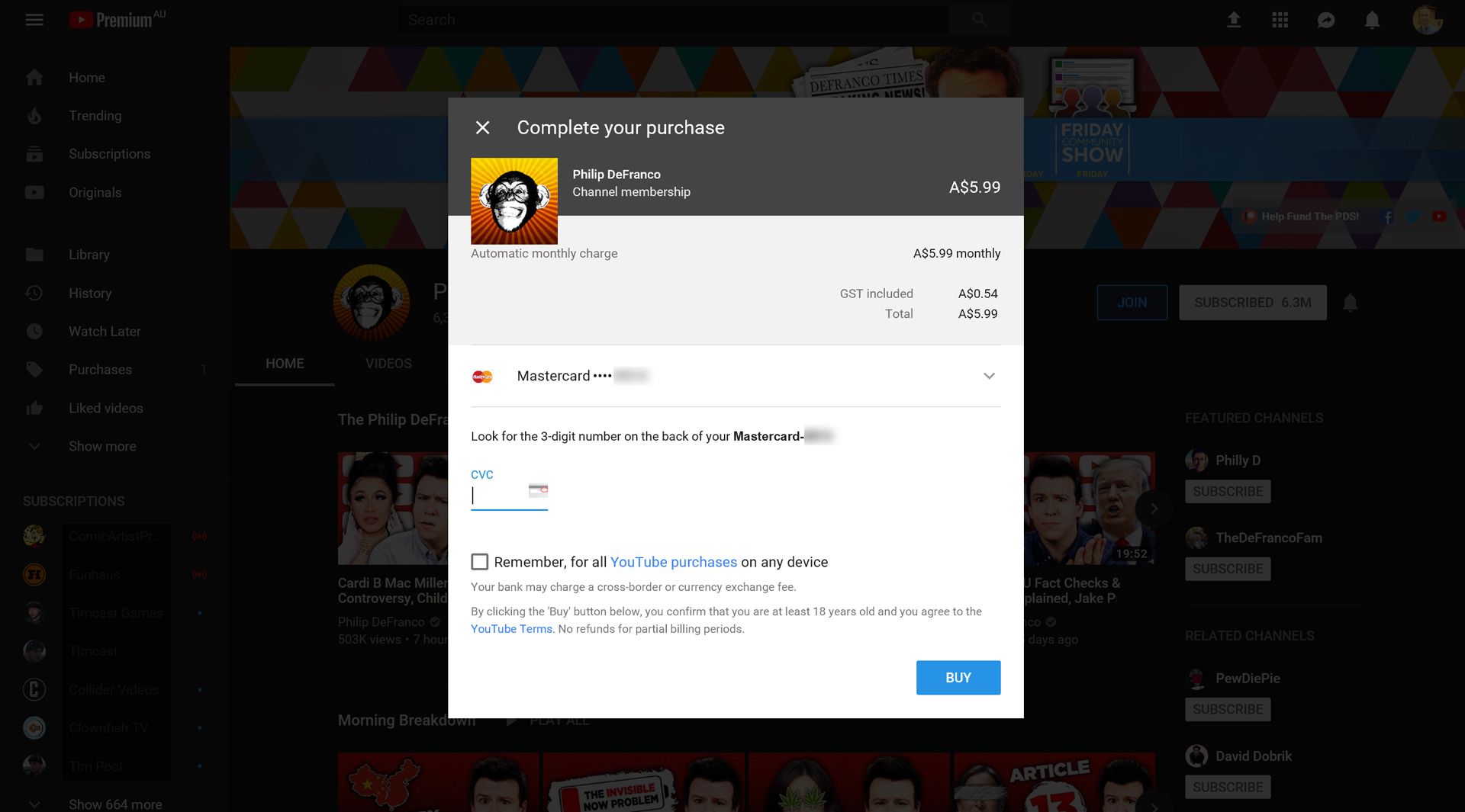 Proces registrace členství na YouTube na webu YouTube.