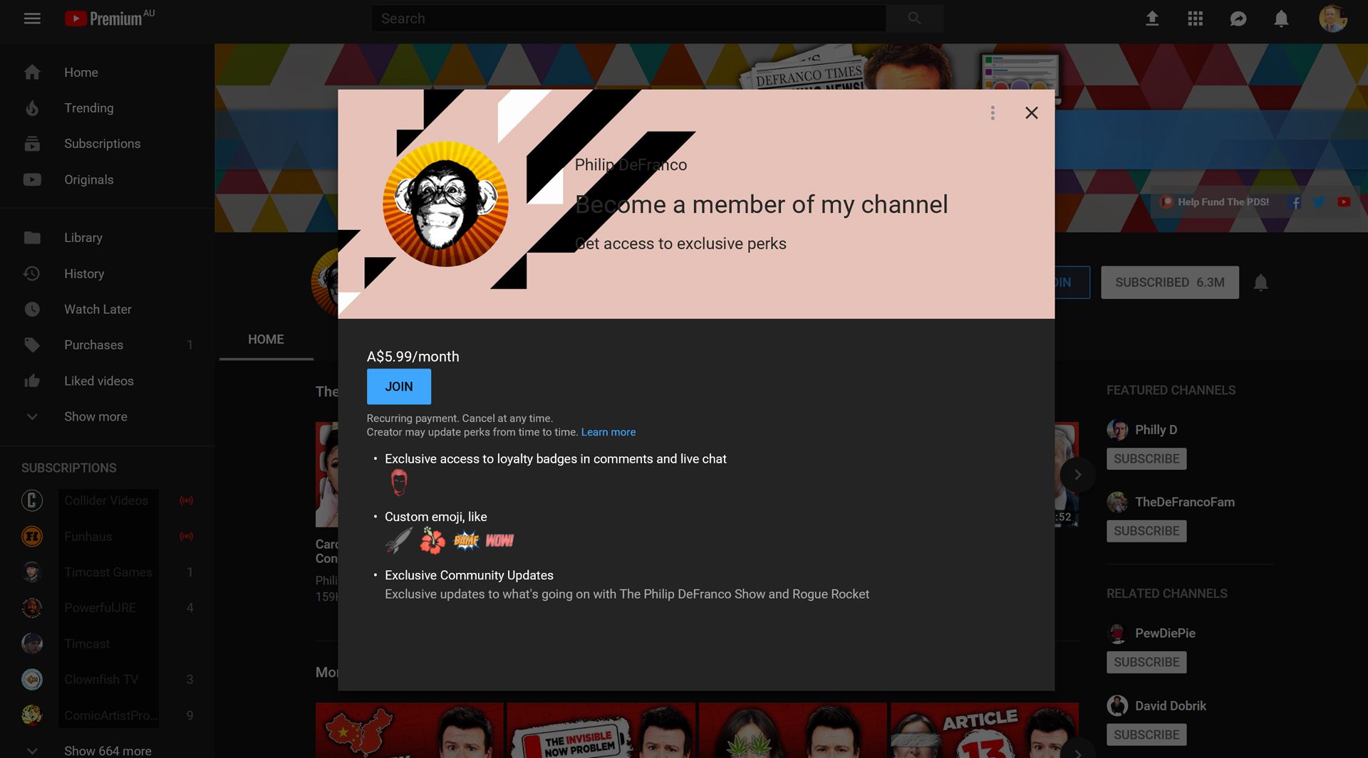 Informace o členství v kanálu YouTube, jako jsou odznaky a emodži.