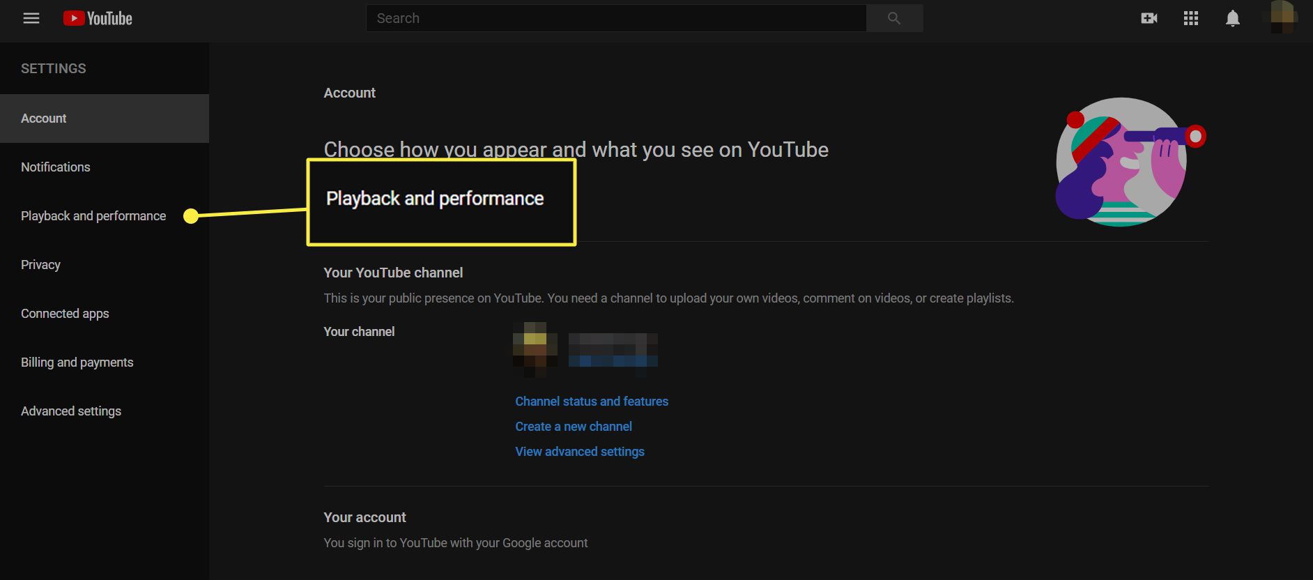 Možnosti nastavení YouTube se zvýrazněnou možností Přehrávání a výkon.